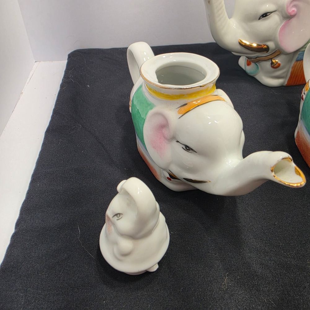 Vintage Ceramic Elephant Teapot Set of 4 Hand Painted White Gold Trim Figural - Picture 9 of 10
